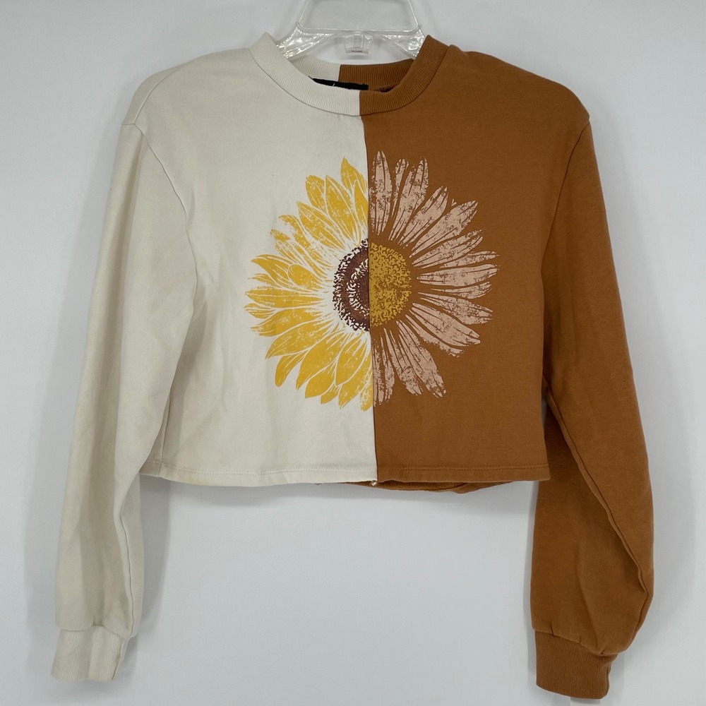 Social Scene Womens Sunflower Daisy Split Cropped Sweatshirt Brown Cream XS‎